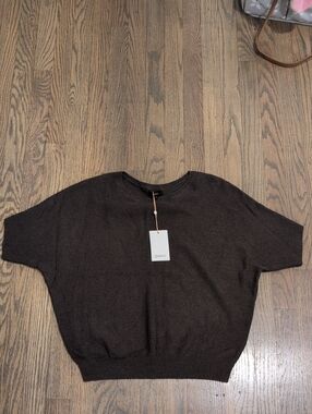 Quince Short Sleeve Cotton/Cashmere Knit Top in Dark Brown **Small Hole
